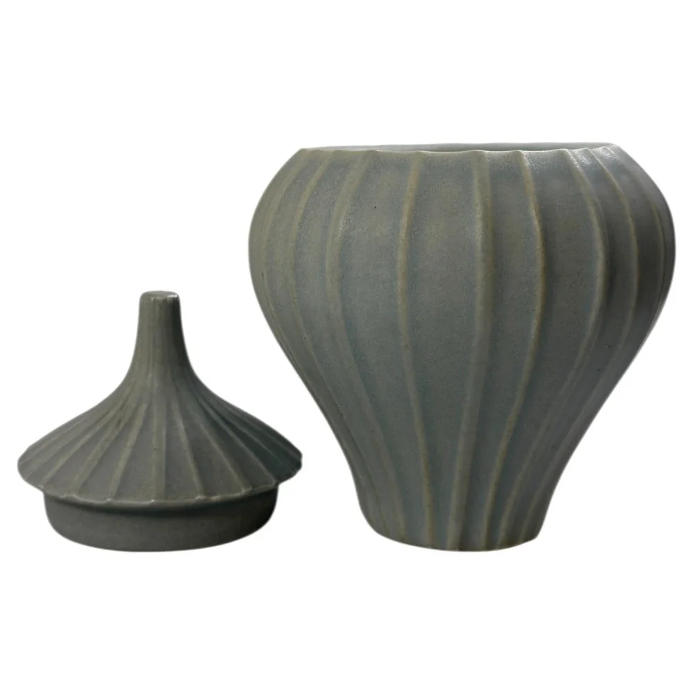 Jonathan Adler Pot a Porter Ribbed Jar with Lid Cover Gray Ceramic Pottery READ